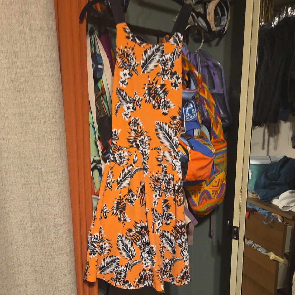 Derek Heart Vibrant Orange Dress with Black and White Floral Pattern